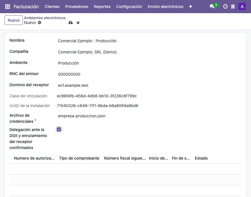 Formulario de un ambiente de producción con identidad y archivo de credenciales ficticios.
