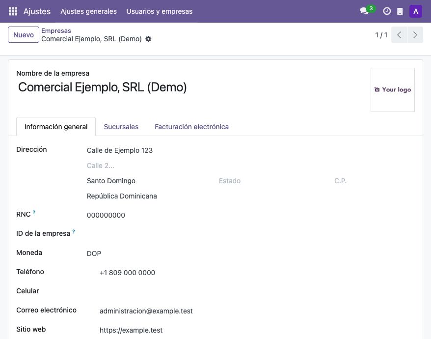 Datos generales de Comercial Ejemplo, SRL, una compañía ficticia.