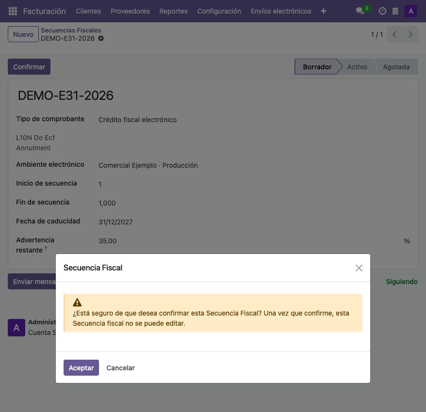 Aviso de Wiveu Cloud antes de confirmar una secuencia fiscal.