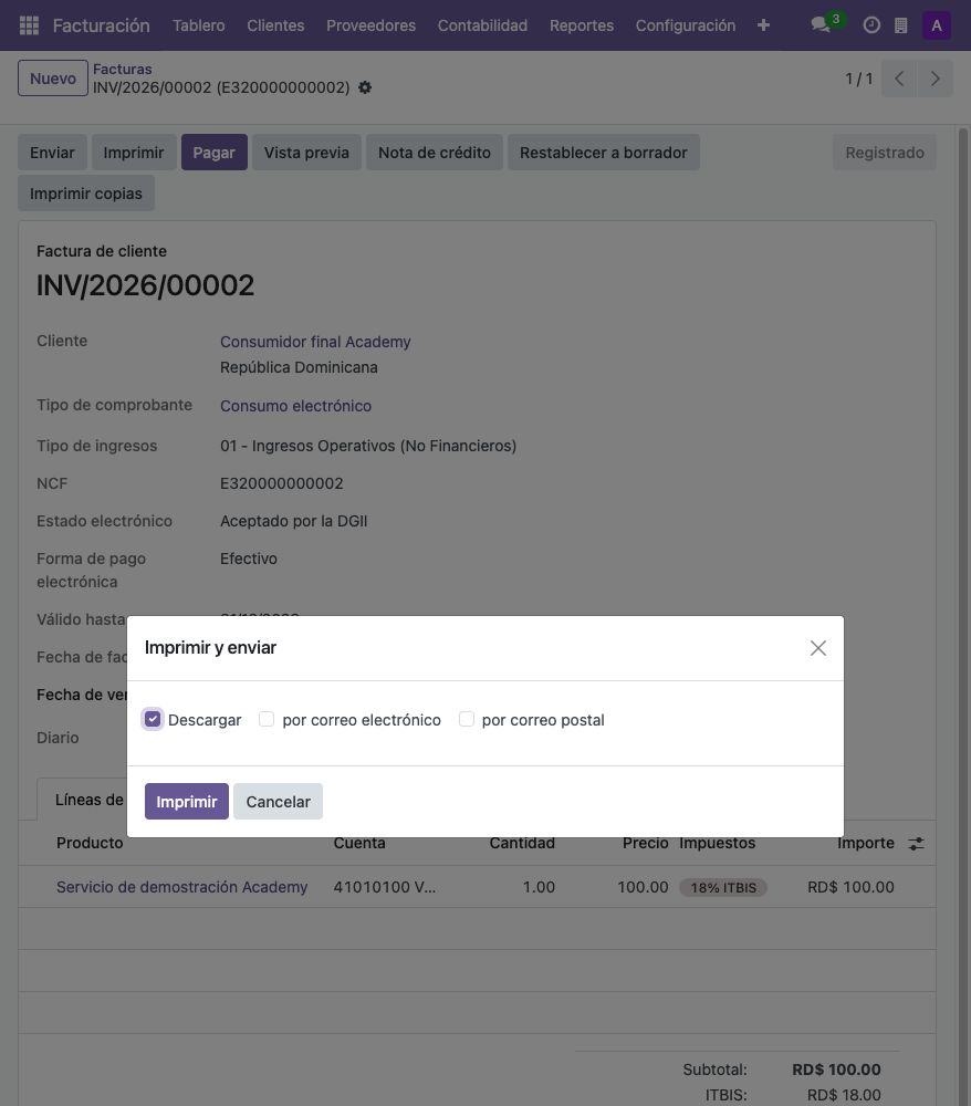Asistente Imprimir y enviar con solo Descargar seleccionado.