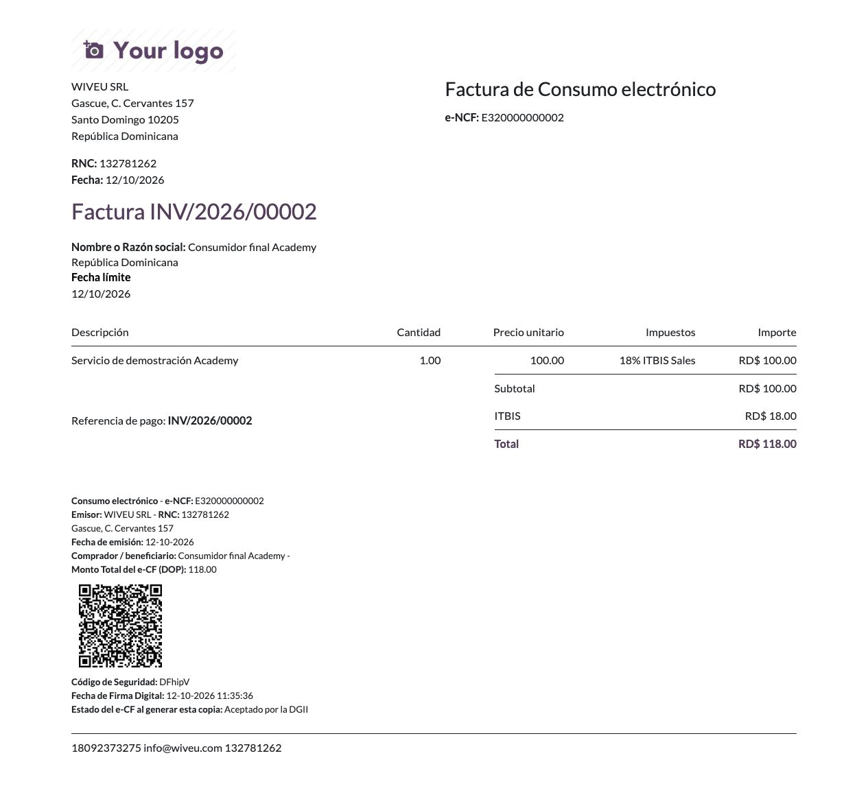 Representación digital aceptada con e-NCF, importes, QR, código de seguridad y firma.