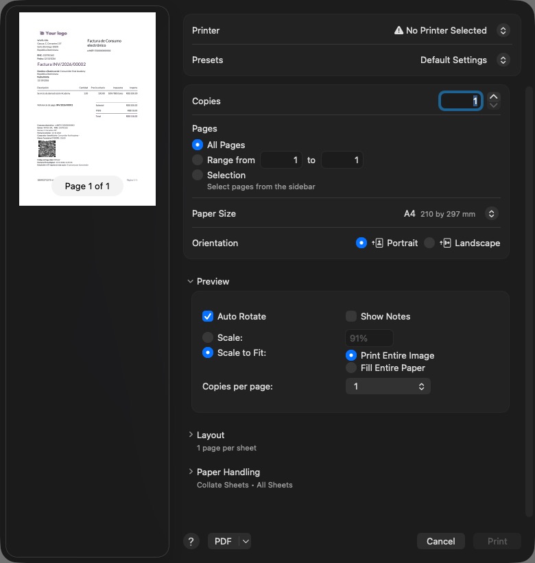 Diálogo de impresión del PDF: impresora, papel, orientación y guardar como PDF.