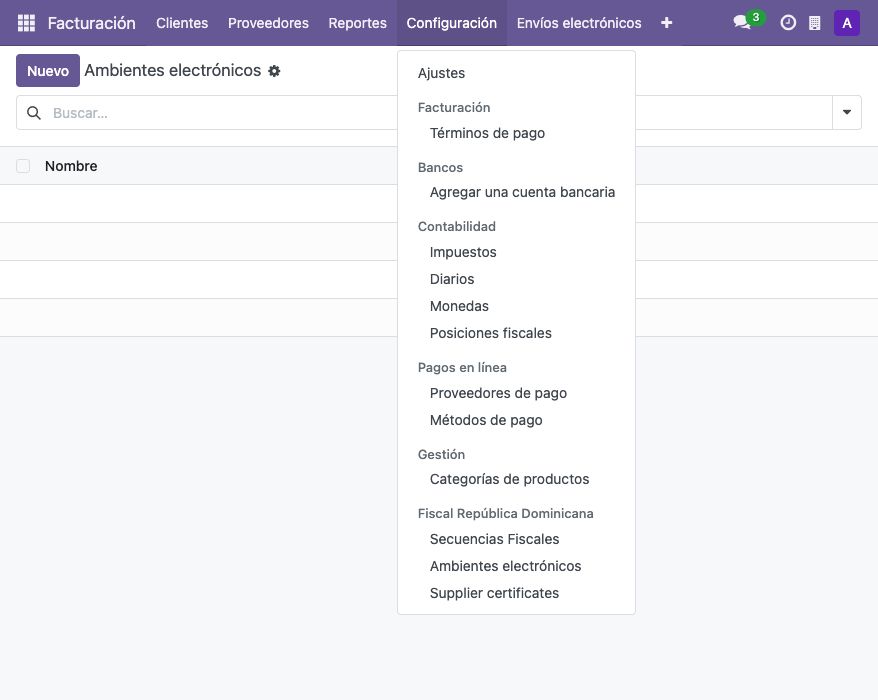 Menú Configuración con la sección Fiscal República Dominicana y Ambientes electrónicos.