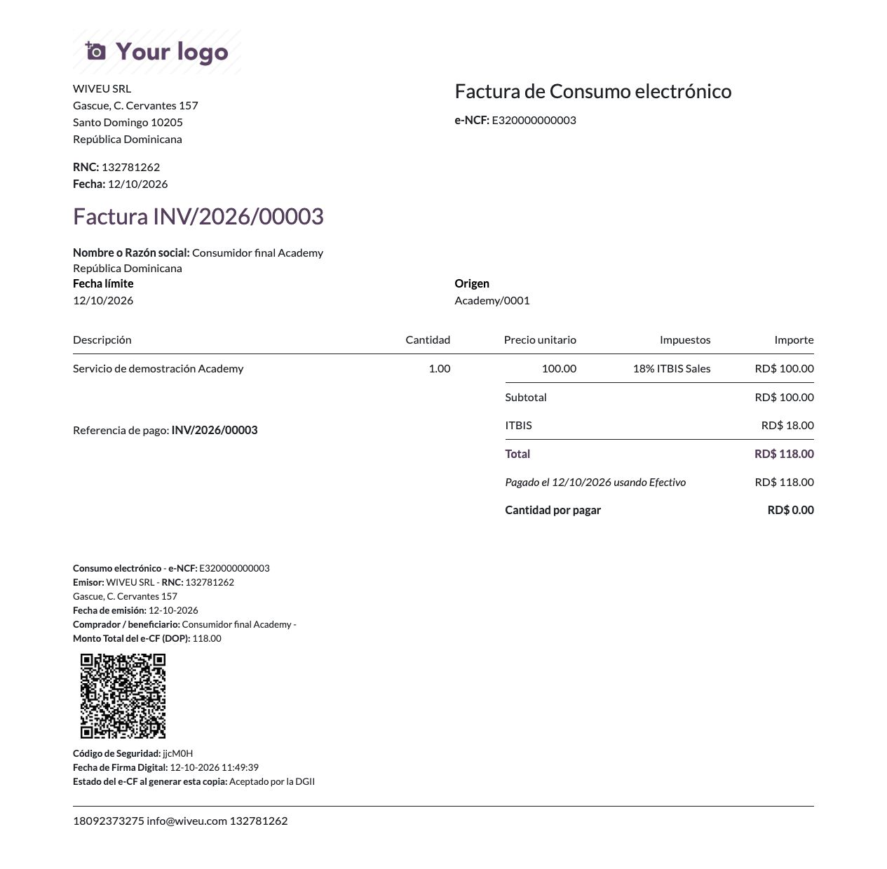 Documento electrónico de la venta POS, pagado, con QR, firma y estado aceptado.
