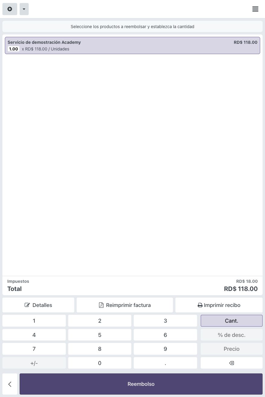 Revisión de una orden con botones Imprimir recibo y Reimprimir factura.