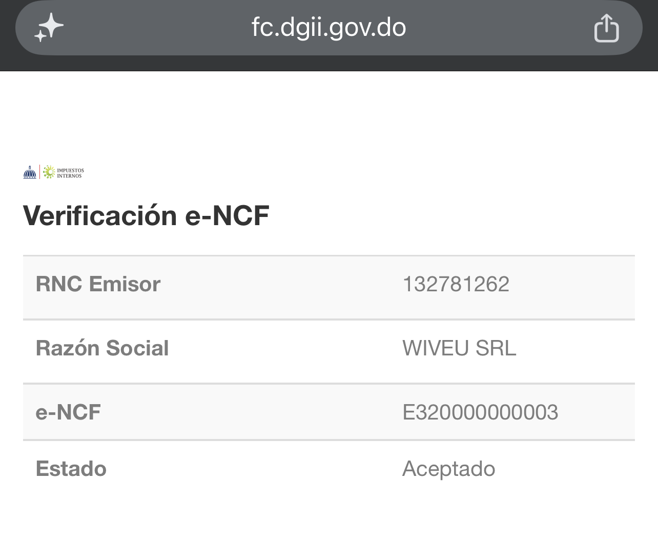 Consulta móvil de DGII con el e-NCF E320000000003 y estado Aceptado.