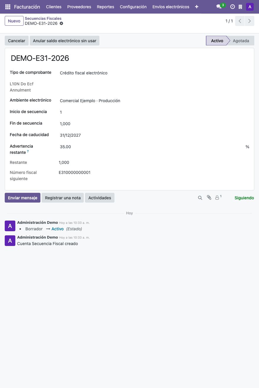 Secuencia E31 activa, con números disponibles y siguiente comprobante sin consumir.