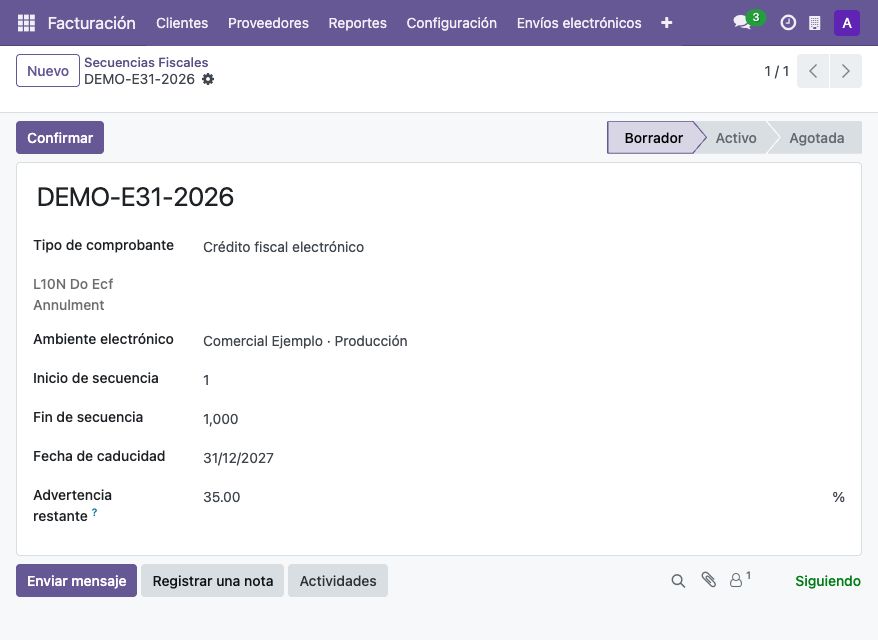 Rango E31 ficticio en borrador, vinculado al ambiente de producción de la demo.